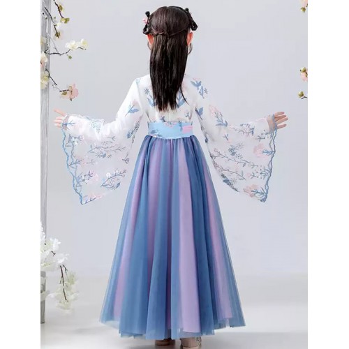 Girls kids Blue Floral Hanfu Chinese Princess film Drama cosplay fairy Dress for Baby Children Chinese Folk Dance Dresses 